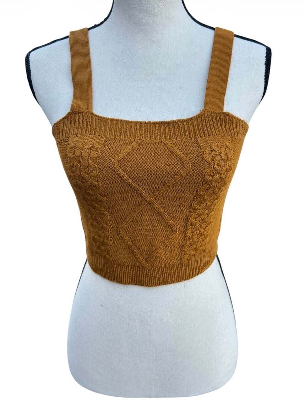 Full Circle Trends Mustard Brown Cable Knit Crop Tank Top Size Medium